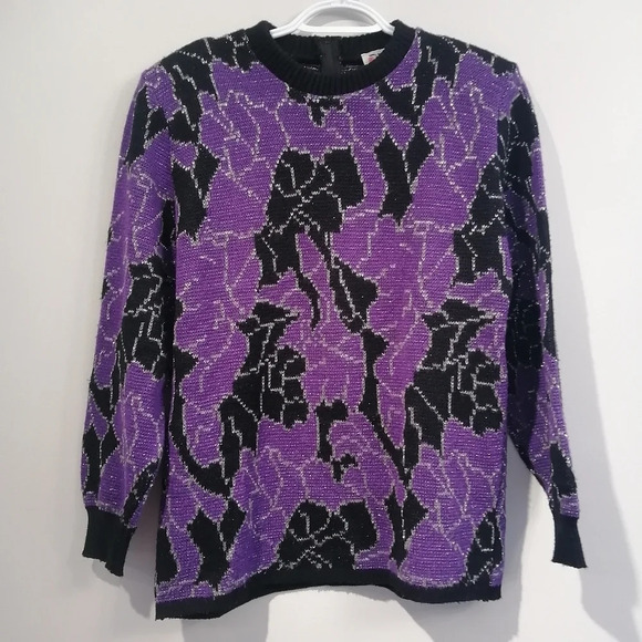 Vintage 80s D'Allairds Purple and Black Knit Metallic Floral Sweater Small - Picture 3 of 15
